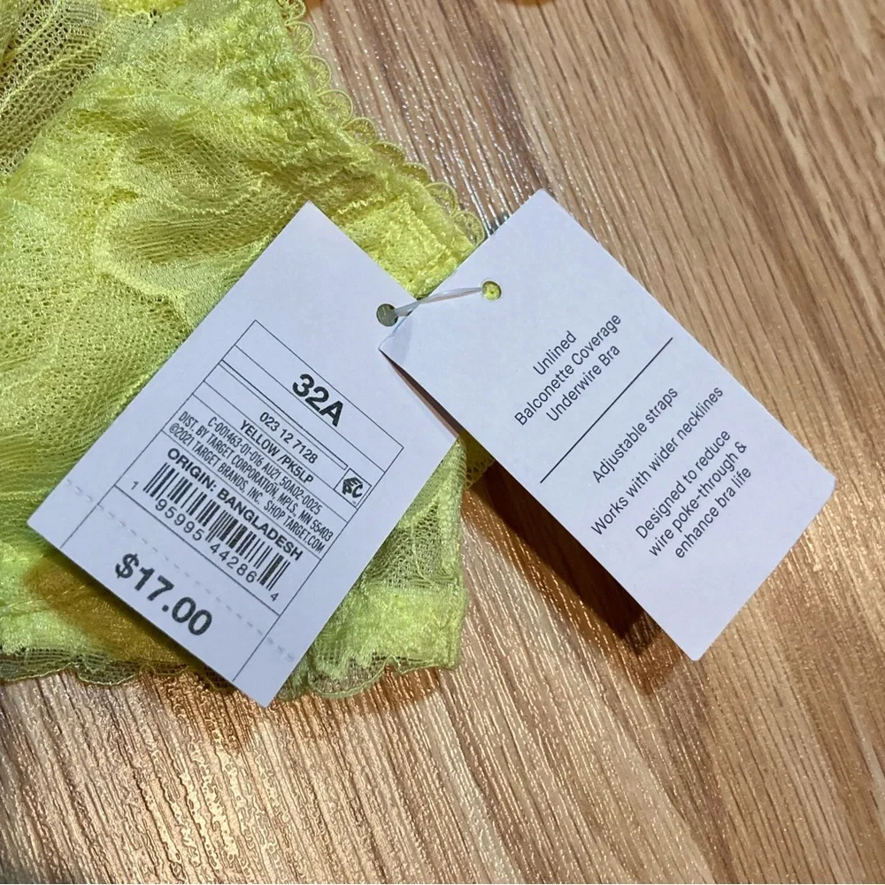 NWT Auden Unlined yellow lace balconette coverage bra‎ 32A